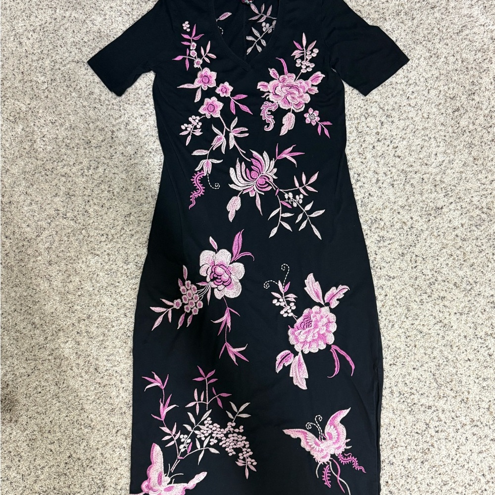 Johnny Was Black Dress with Pink Floral Embroidery